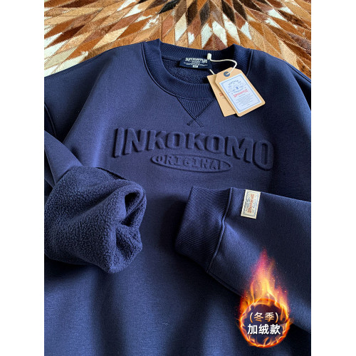 500g重磅壓花長袖衛衣美式復古寬鬆圓領加絨加厚套頭衫男秋冬上衣