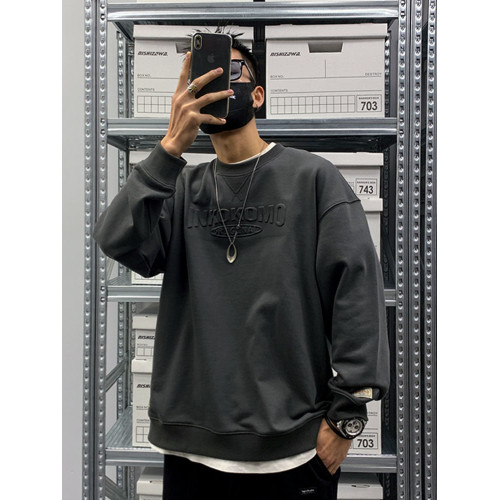 500g重磅壓花長袖衛衣美式復古寬鬆圓領加絨加厚套頭衫男秋冬上衣