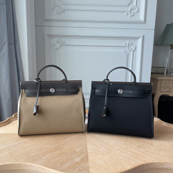 經典帆布拼牛皮凱莉包31外縫時尚單肩包拼色手提包布包大容量女包