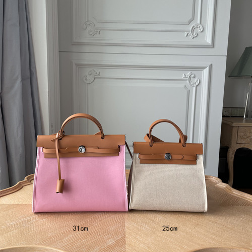 經典帆布拼牛皮凱莉包31外縫時尚單肩包拼色手提包布包大容量女包