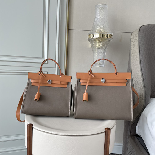 經典帆布拼牛皮凱莉包31外縫時尚單肩包拼色手提包布包大容量女包