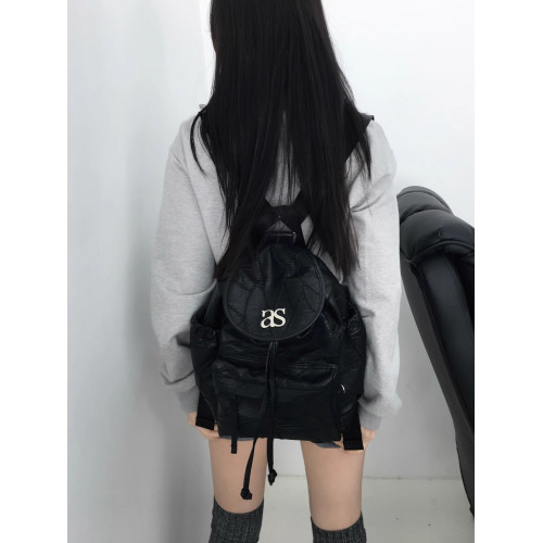 REOY Stu”ason韓版as金屬標復古做舊機車軟皮車縫線抽繩雙肩包