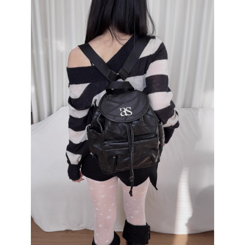 REOY Stu”ason韓版as金屬標復古做舊機車軟皮車縫線抽繩雙肩包