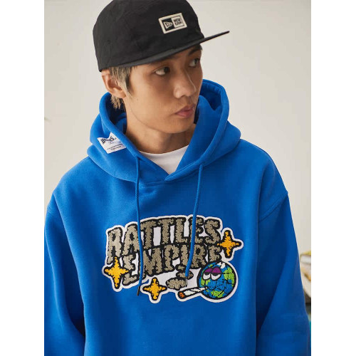 Battles 秋冬地球毛巾刺綉抓絨連帽衛衣男套頭外套寬鬆