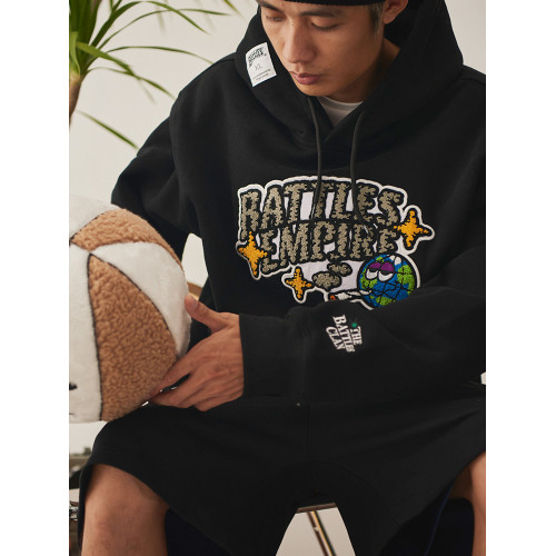 Battles 秋冬地球毛巾刺綉抓絨連帽衛衣男套頭外套寬鬆