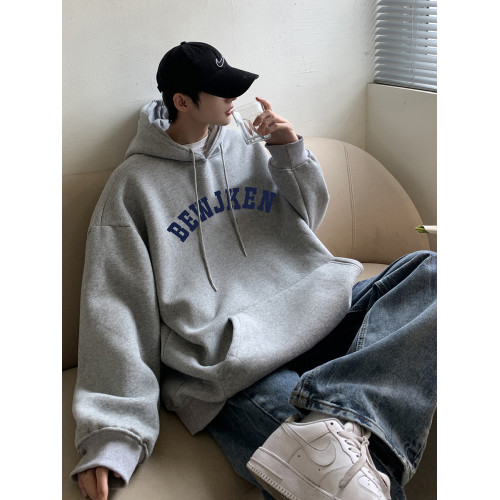 衛衣男秋冬美式重磅加絨灰色連帽衛衣潮牌oversize寬鬆情侶裝外套