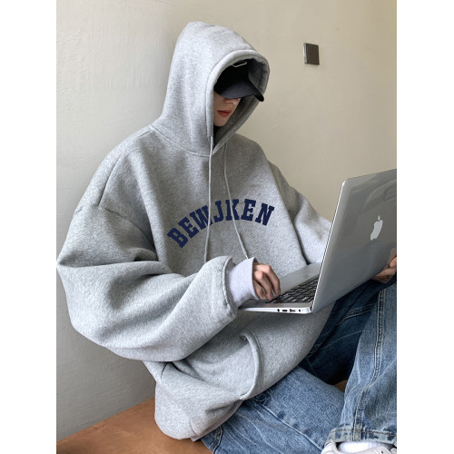 衛衣男秋冬美式重磅加絨灰色連帽衛衣潮牌oversize寬鬆情侶裝外套