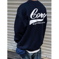 2025新款日系圓領衛衣男士春秋季加絨加厚藏青色美式潮牌無帽上衣