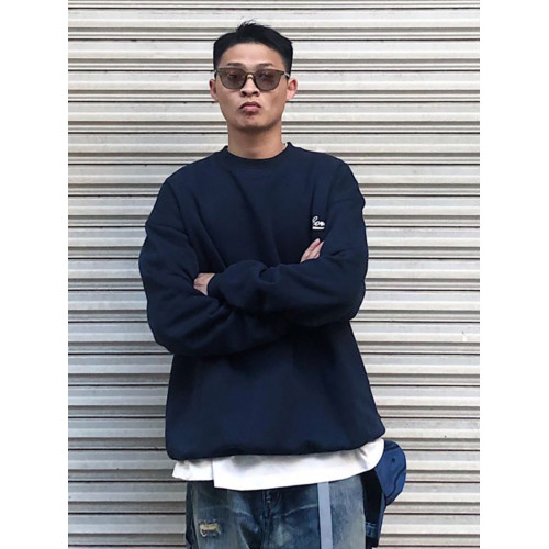 2025新款日系圓領衛衣男士春秋季加絨加厚藏青色美式潮牌無帽上衣