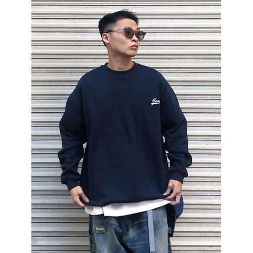 2025新款日系圓領衛衣男士春秋季加絨加厚藏青色美式潮牌無帽上衣