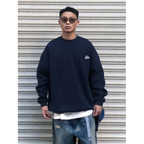 2025新款日系圓領衛衣男士春秋季加絨加厚藏青色美式潮牌無帽上衣