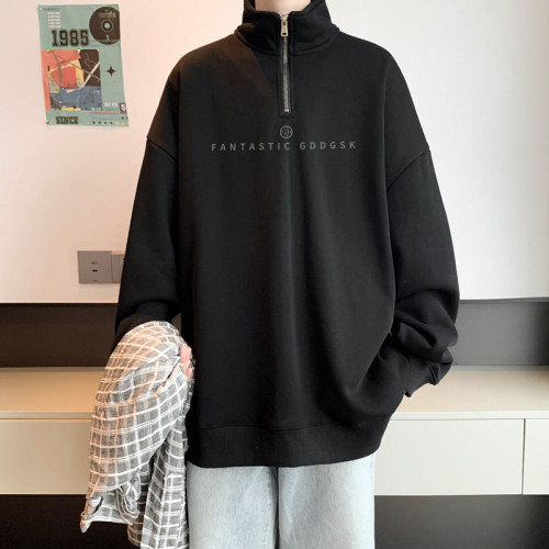 秋冬季半拉鍊繙領衛衣男寬鬆情侶美式打底衫潮牌純棉針織港風外套