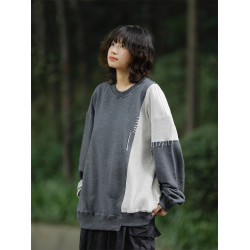 阿於呆日系復古春秋拼接圓領原創毛圈個性衛衣寬鬆不規則長袖上衣