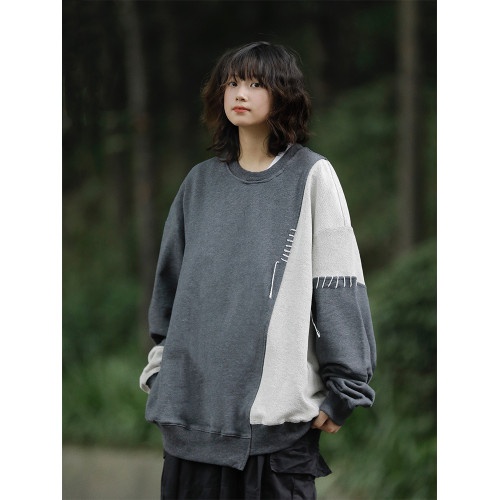 阿於呆日系復古春秋拼接圓領原創毛圈個性衛衣寬鬆不規則長袖上衣