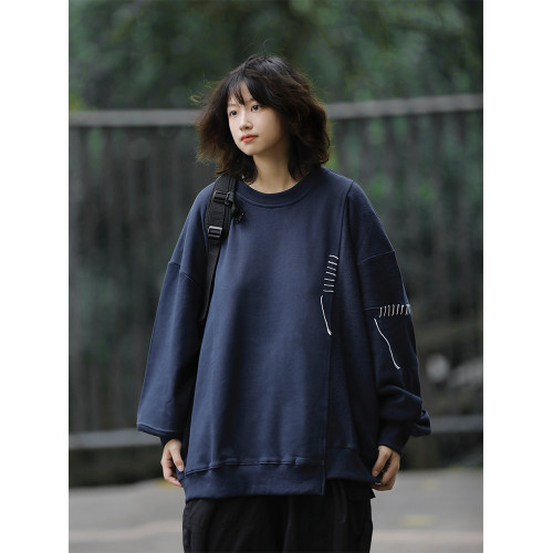 阿於呆日系復古春秋拼接圓領原創毛圈個性衛衣寬鬆不規則長袖上衣