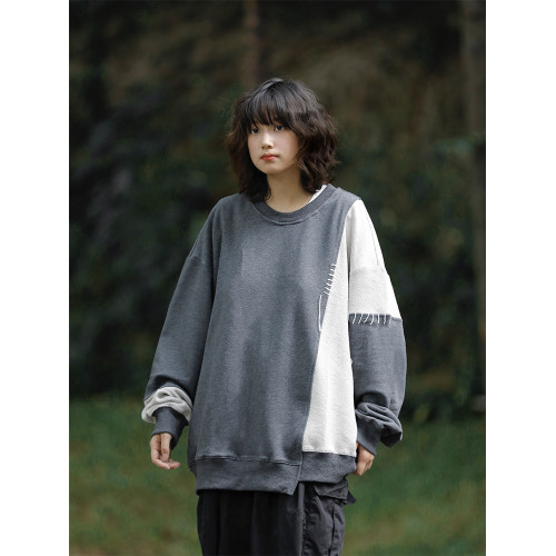 阿於呆日系復古春秋拼接圓領原創毛圈個性衛衣寬鬆不規則長袖上衣