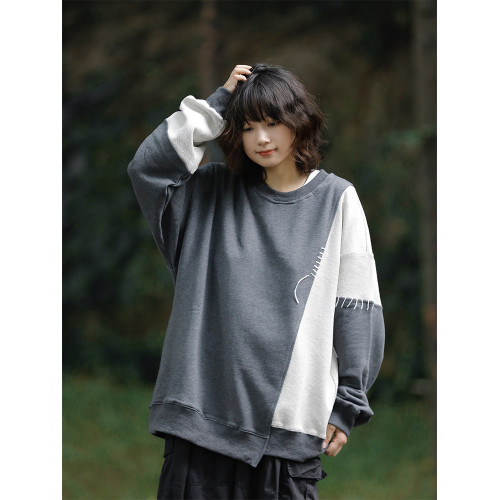 阿於呆日系復古春秋拼接圓領原創毛圈個性衛衣寬鬆不規則長袖上衣