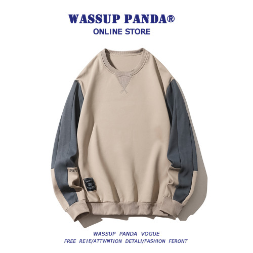 WASSUP PANDA拼接撞色圓領衛衣男春秋季休閒百搭套頭長袖t恤上衣