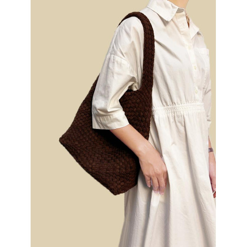 手工編織麂皮絨大容量水桶包單肩手提托特包百搭純色高級感慵懶風