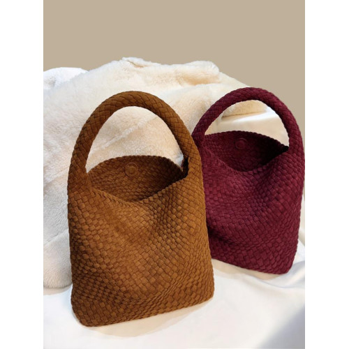 手工編織麂皮絨大容量水桶包單肩手提托特包百搭純色高級感慵懶風