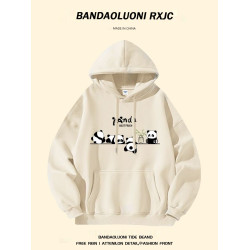 銀狐絨國潮牌可愛熊貓印花連帽衛衣情侶款復古休閒秋冬季外套男女