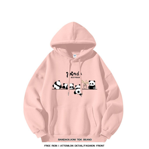 銀狐絨國潮牌可愛熊貓印花連帽衛衣情侶款復古休閒秋冬季外套男女