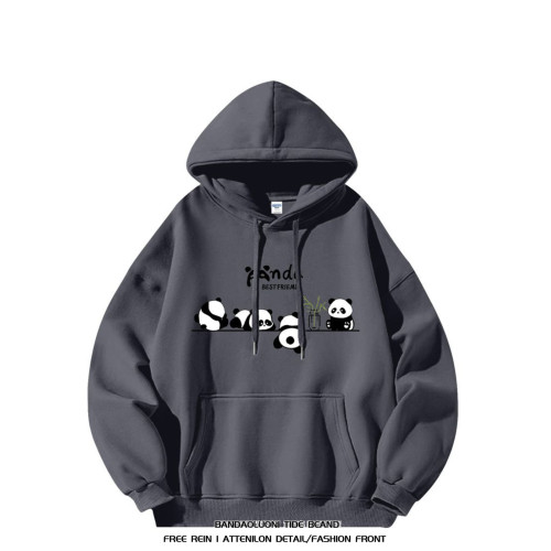 銀狐絨國潮牌可愛熊貓印花連帽衛衣情侶款復古休閒秋冬季外套男女