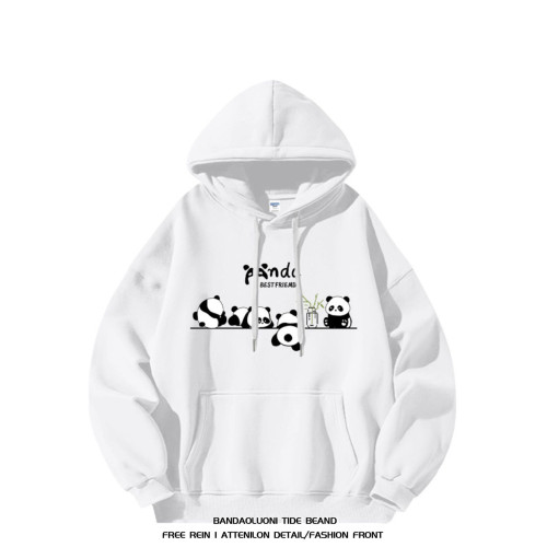 銀狐絨國潮牌可愛熊貓印花連帽衛衣情侶款復古休閒秋冬季外套男女