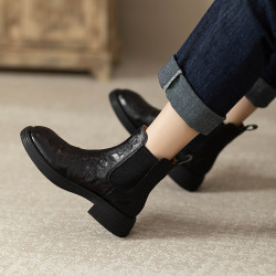 【人氣爆款】復古個性小衆頭層羊皮粗跟2025切爾西短靴菸筒靴女