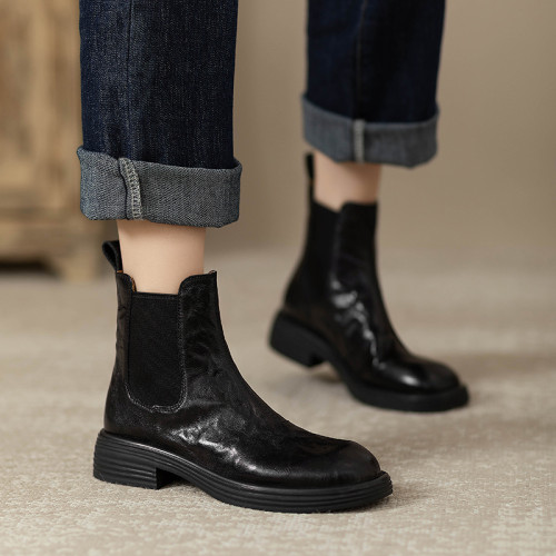 【人氣爆款】復古個性小衆頭層羊皮粗跟2025切爾西短靴菸筒靴女