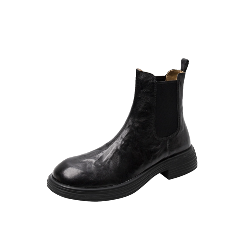 【人氣爆款】復古個性小衆頭層羊皮粗跟2025切爾西短靴菸筒靴女