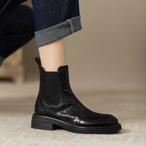 【人氣爆款】復古個性小衆頭層羊皮粗跟2025切爾西短靴菸筒靴女