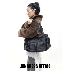 簡著 /原創 裡斯林肯多口袋拉鍊辣妹機車包黑色y2k潮酷單肩斜後後背包