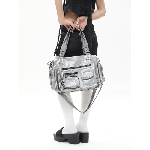 簡著 /原創 裡斯林肯多口袋拉鍊辣妹機車包黑色y2k潮酷單肩斜後後背包