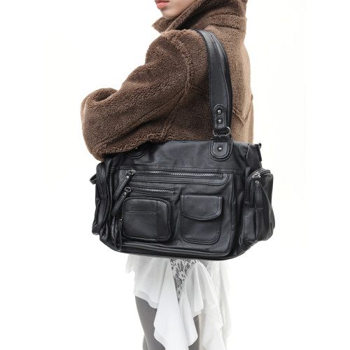 簡著 /原創 裡斯林肯多口袋拉鍊辣妹機車包黑色y2k潮酷單肩斜後後背包