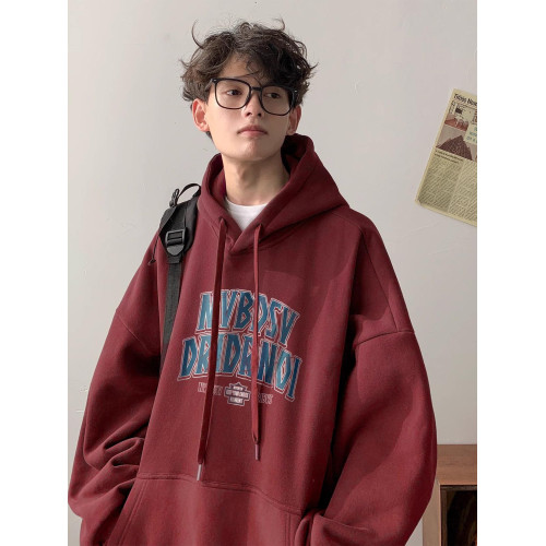 美式復古潮牌痞帥連帽加絨加厚衛衣男秋冬寬鬆青少年休閒帽衫外套