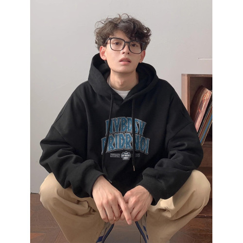 美式復古潮牌痞帥連帽加絨加厚衛衣男秋冬寬鬆青少年休閒帽衫外套