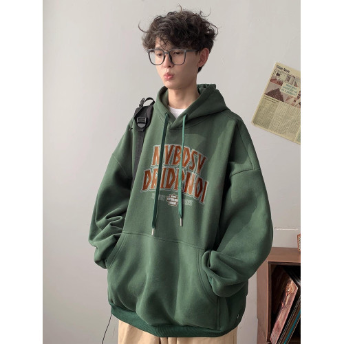 美式復古潮牌痞帥連帽加絨加厚衛衣男秋冬寬鬆青少年休閒帽衫外套