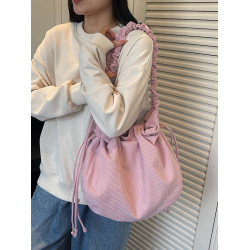 時尚包包女抽繩束口包荷葉風斜後後背包2026新款燈芯絨百搭純色單肩包