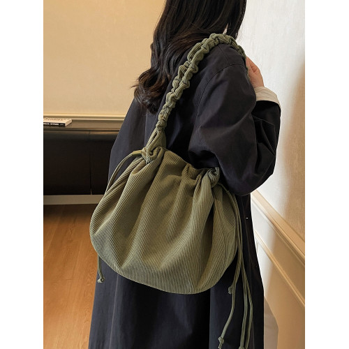 時尚包包女抽繩束口包荷葉風斜後後背包2026新款燈芯絨百搭純色單肩包 時尚包包女抽繩束口包荷葉風斜後後背包2026新款燈芯絨百搭純色單肩包