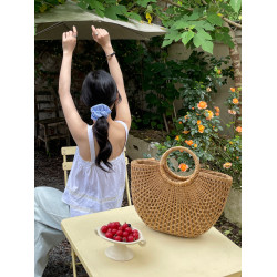 CHAWOOL法式復古手提鏤空草編包韓國ins海邊沙灘度假菜籃子編織包
