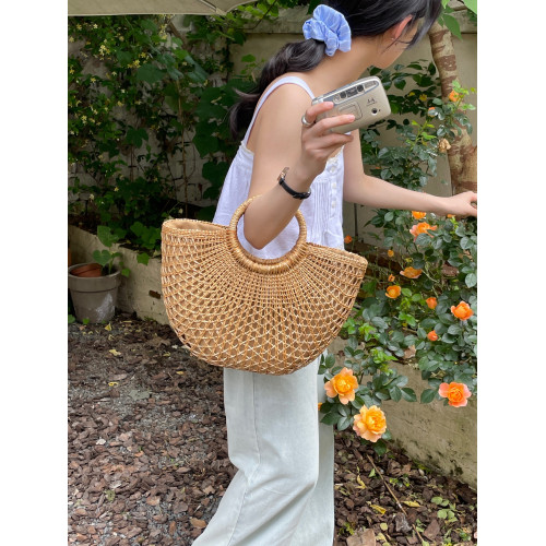 CHAWOOL法式復古手提鏤空草編包韓國ins海邊沙灘度假菜籃子編織包