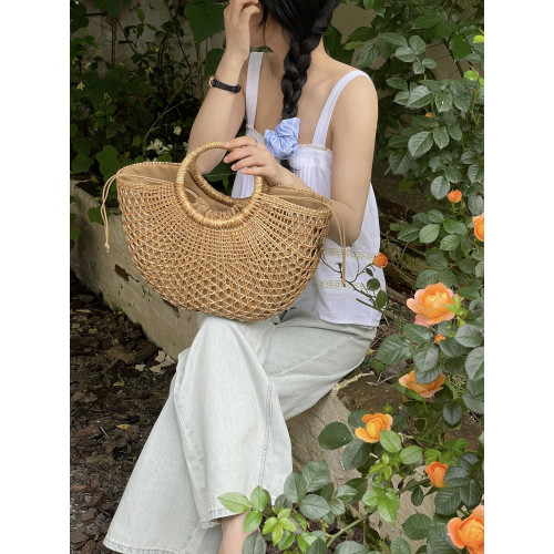 CHAWOOL法式復古手提鏤空草編包韓國ins海邊沙灘度假菜籃子編織包