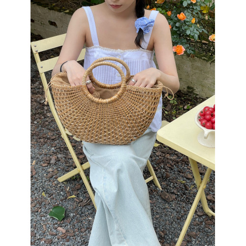 CHAWOOL法式復古手提鏤空草編包韓國ins海邊沙灘度假菜籃子編織包