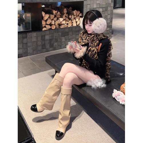 曲奇大叔~小香風拼色長筒靴女2025年秋冬新款圓頭長靴高跟騎士靴