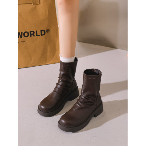 真皮！皺褶堆堆馬丁靴女秋冬加絨厚底彈力瘦瘦短靴大碼女靴41到43