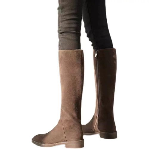 品牌撤櫃真皮長靴2025冬季新款粗跟磨砂皮時尚百搭高筒騎士靴女