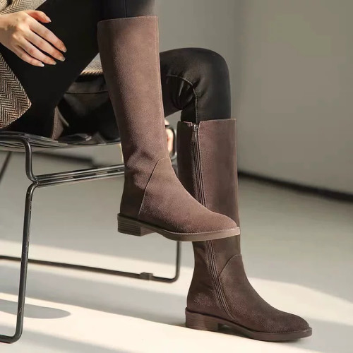 品牌撤櫃真皮長靴2025冬季新款粗跟磨砂皮時尚百搭高筒騎士靴女