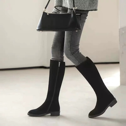 品牌撤櫃真皮長靴2025冬季新款粗跟磨砂皮時尚百搭高筒騎士靴女