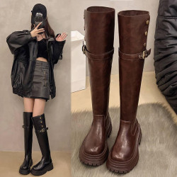 兩穿繙折厚底長筒過膝靴女2026冬季新款粗跟加絨長靴加絨時裝靴子